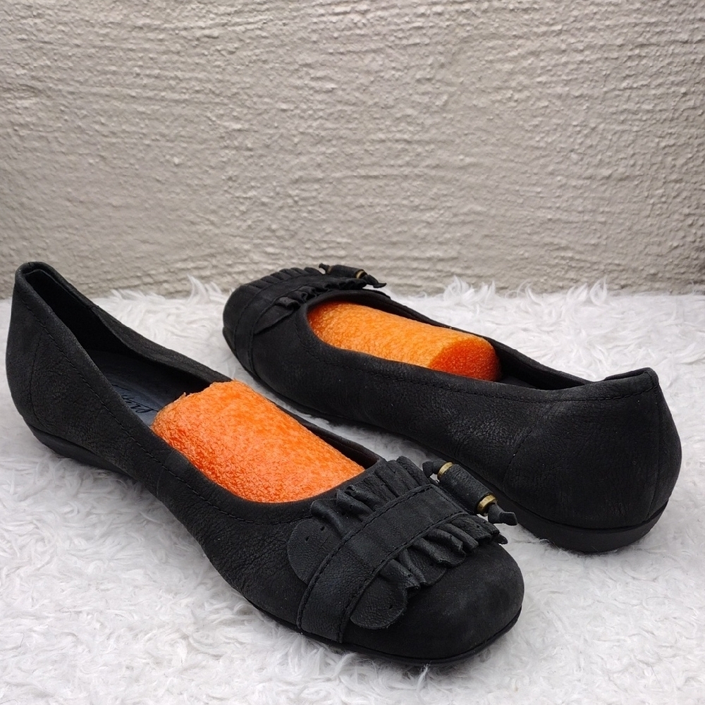 Trotters Light Black Pleated Strap Detail Leather Square Toe Slip On Flat Shoe